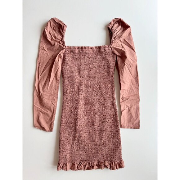 Aritzia WILFRED Maelys Brown Cotton Poplin Puff Sleeve Smocked Dress, Size XS - Picture 5 of 11
